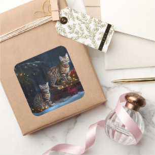 Pegatina Cuadrada Gato Bengal Riendo en Trineo Navidad Decoración
