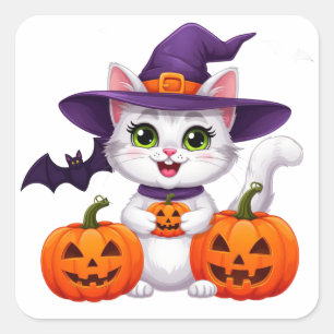 Pegatina Cuadrada Gato Blanco Adorable Calabaza Bruja Sombrero Hallo