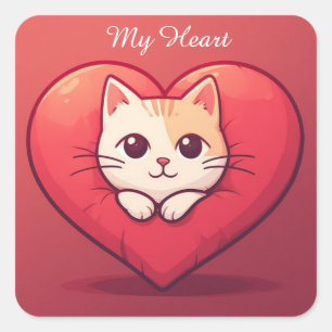 Pegatina Cuadrada Gato Blanco Adorable con Corazón Diseño de Amor Ga