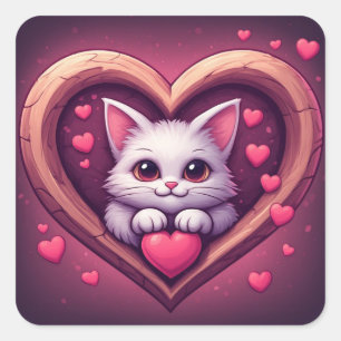 Pegatina Cuadrada Gato Blanco Adorable con Corazón Diseño de Kawaii 