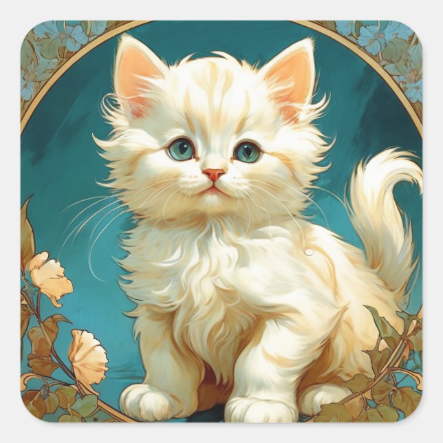Pegatina Cuadrada Gato blanco Alphonse Mucha Art Nouveau (Anverso)