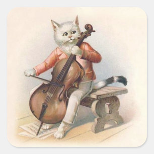 Pegatina Cuadrada Gato blanco antropomórfico jugando a Cello