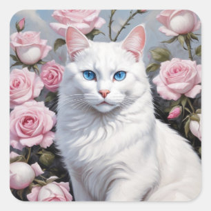 Pegatina Cuadrada gato blanco bonito y rosas rosas rosas