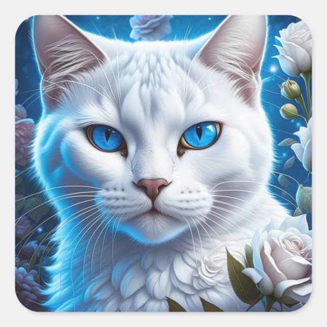 Pegatina Cuadrada Gato blanco con ojos azules brillantes florales (Anverso)