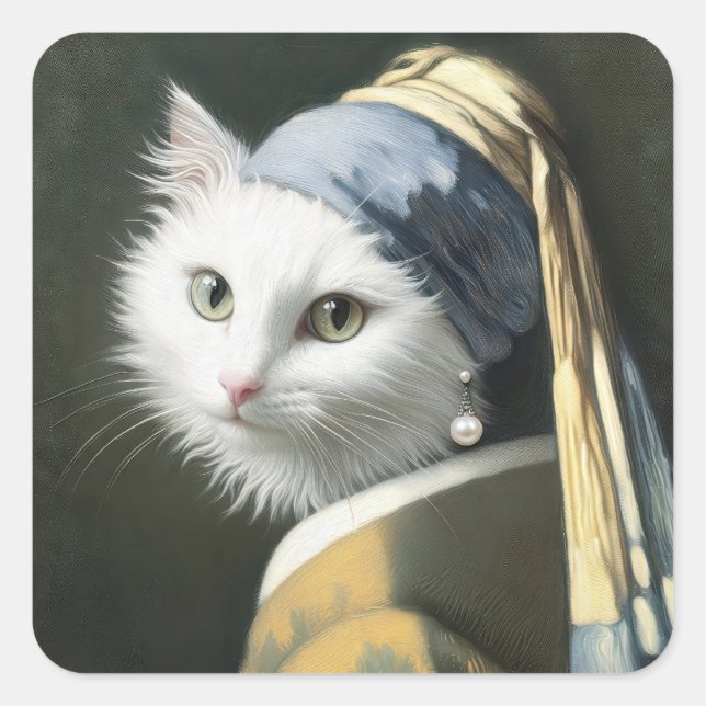 Pegatina Cuadrada Gato blanco con pintura de Pearl Earring (Anverso)