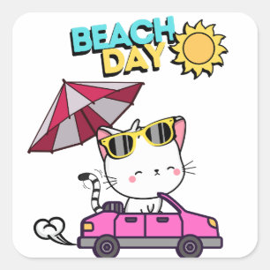 Pegatina Cuadrada Gato blanco de Angora dulce conduciendo a la playa