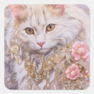 Pegatina Cuadrada Gato blanco elegante en oro y diamantes