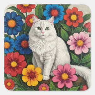 Pegatina Cuadrada Gato Blanco Esponjoso y Flores de Arte Popular