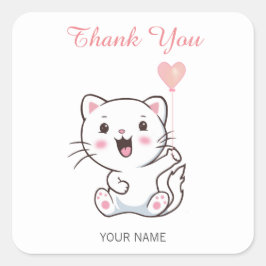 Pegatina Cuadrada Gato blanco feliz y lindo con globo de corazón Gra