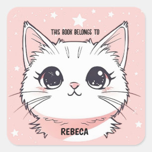 Pegatina Cuadrada Gato Blanco Lindo Estrellas Rosas
