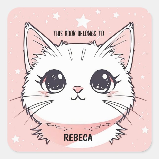 Pegatina Cuadrada Gato Blanco Lindo Estrellas Rosas (Anverso)