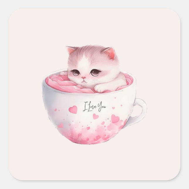 Pegatina Cuadrada Gato blanco-rosado en una taza de té (3) (Anverso)