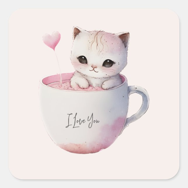 Pegatina Cuadrada Gato blanco-rosado en una taza de té (4) (Anverso)