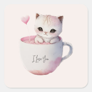 Pegatina Cuadrada Gato blanco-rosado en una taza de té (4)