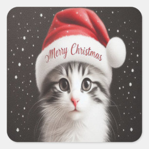 Pegatina Cuadrada Gato Bobtail japonés, navidades Santa Kitten