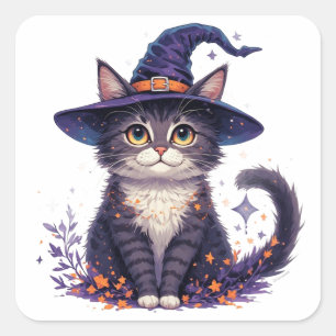 Pegatina Cuadrada Gato Bruja Adorable Con Estrellas Y Hojas De Otoño