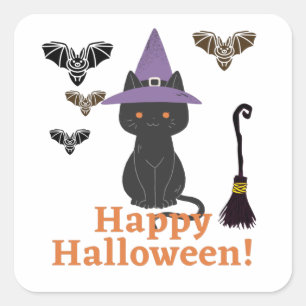 Pegatina Cuadrada Gato Bruja con Murciélagos ¡Feliz Halloween!