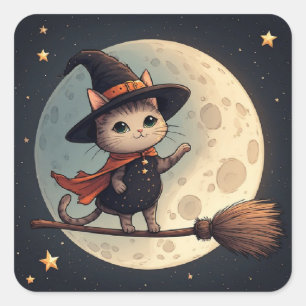 Pegatina Cuadrada Gato Bruja Encantador Tema de Halloween bajo la Lu