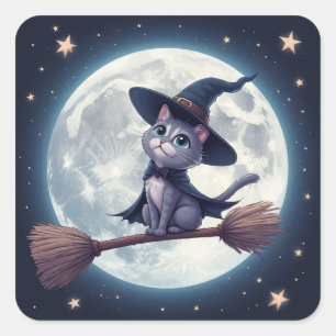 Pegatina Cuadrada Gato Bruja Lindo En Escoba Bajo Cielo De Luna Llen