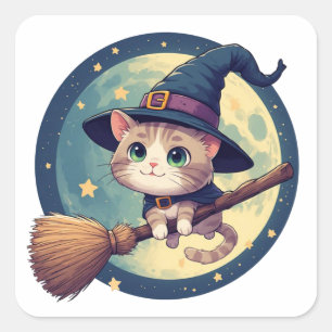 Pegatina Cuadrada Gato Bruja Lindo Montando Escoba Tema Luz de Luna