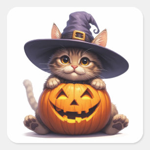 Pegatina Cuadrada Gato bruja lindo sosteniendo Jack O Lantern 🎃