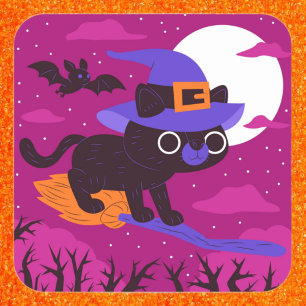 Pegatina Cuadrada Gato Bruja Lindo Vuela en Escoba Halloween Kawaii