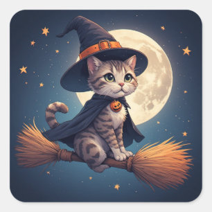 Pegatina Cuadrada Gato Bruja Lindo Y Escena De Luna De Halloween De 