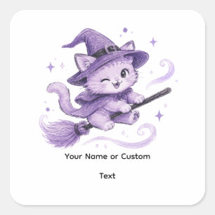 Pegatina Cuadrada Gato bruja morado lindo en escoba Halloween