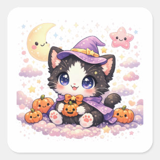 Pegatina Cuadrada Gato bruja nube Kawaii