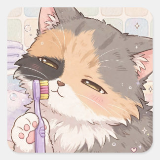 Pegatina Cuadrada Gato calico anime con cepillo de dientes