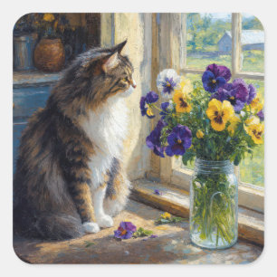 Pegatina Cuadrada Gato calico con ramo de pensamientos junto a la ve