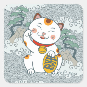 Pegatina Cuadrada Gato calico japonés afortunado   Maneki Neko