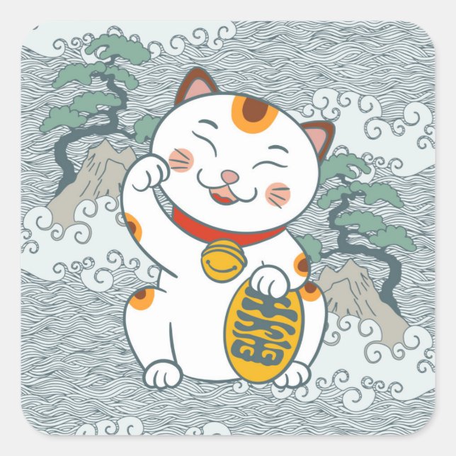 Pegatina Cuadrada Gato calico japonés afortunado | Maneki Neko (Anverso)