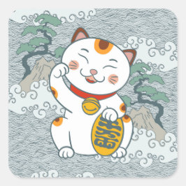 Pegatina Cuadrada Gato calico japonés afortunado | Maneki Neko