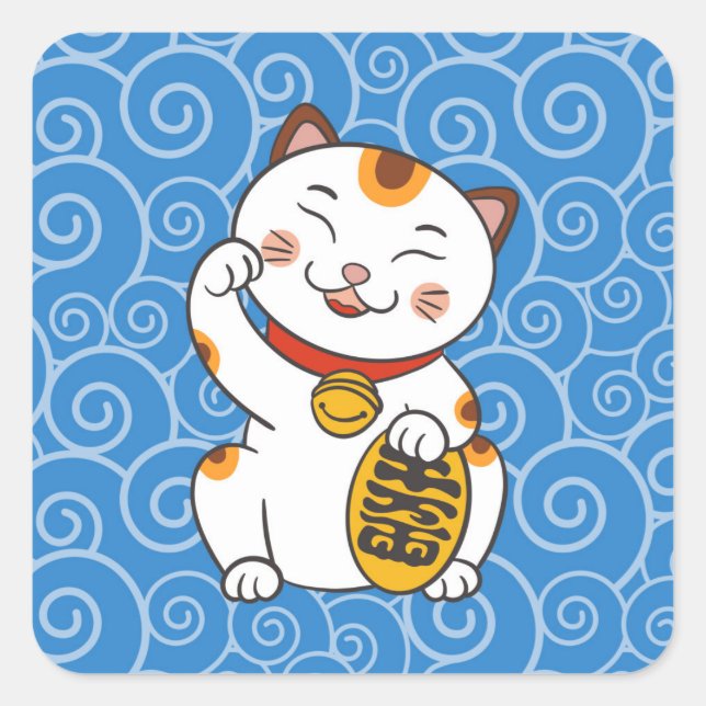 Pegatina Cuadrada Gato calico japonés afortunado | Maneki Neko (Anverso)