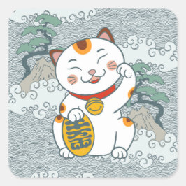 Pegatina Cuadrada Gato calico japonés afortunado | Maneki Neko Left 