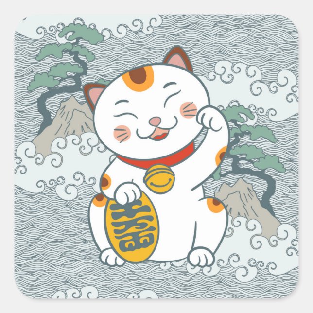 Pegatina Cuadrada Gato calico japonés afortunado | Maneki Neko Left  (Anverso)