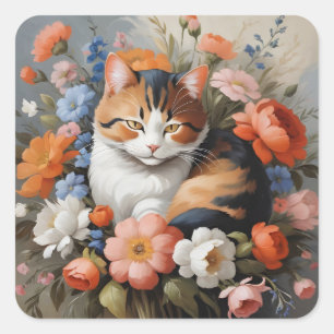 Pegatina Cuadrada Gato calico lindo y flores