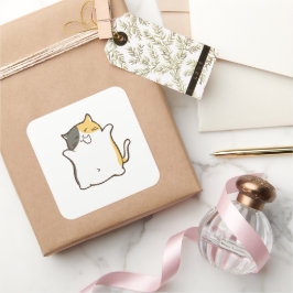 Pegatina Cuadrada Gato Calico Regordete - Sticker Kawaii