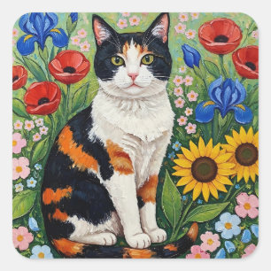 Pegatina Cuadrada Gato calico y girasoles del arte popular