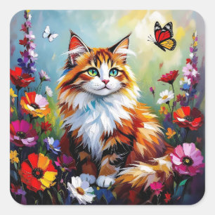 Pegatina Cuadrada Gato caprichoso lindo, flores y mariposas