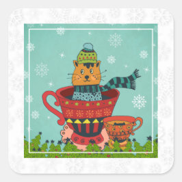 Pegatina Cuadrada Gato caprichoso sentado en una taza de té Navidade