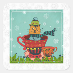 Pegatina Cuadrada Gato caprichoso sentado en una taza de té Navidade