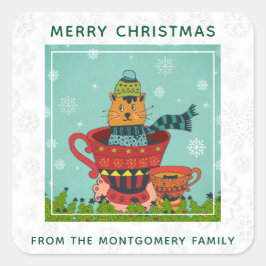 Pegatina Cuadrada Gato caprichoso sentado en una taza de té Navidade