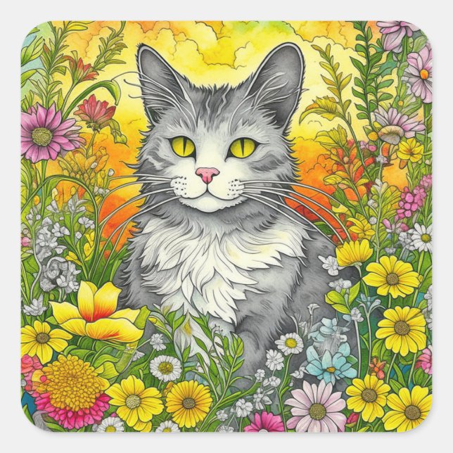Pegatina Cuadrada Gato caprichoso y flores (Anverso)