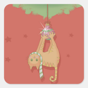 Pegatina Cuadrada Gato colgando del baile de los navidades