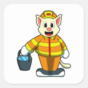 Pegatina Cuadrada Gato como bombero con cubo de agua