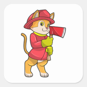 Pegatina Cuadrada Gato como bombero con hacha