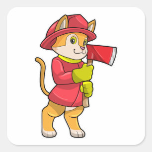 Pegatina Cuadrada Gato como bombero con hacha