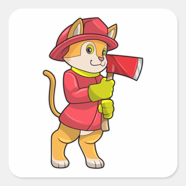Pegatina Cuadrada Gato como bombero con hacha (Anverso)